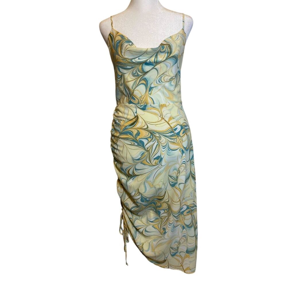 Forever 21 Dress Women's Sz M Blue Yellow Cowl Neck Abstract Asymmetrical Artsy